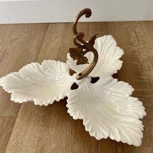 Vintage Divided 3 Flower‎ Serving Dish Tray With Golden Leave Handle Made In USA